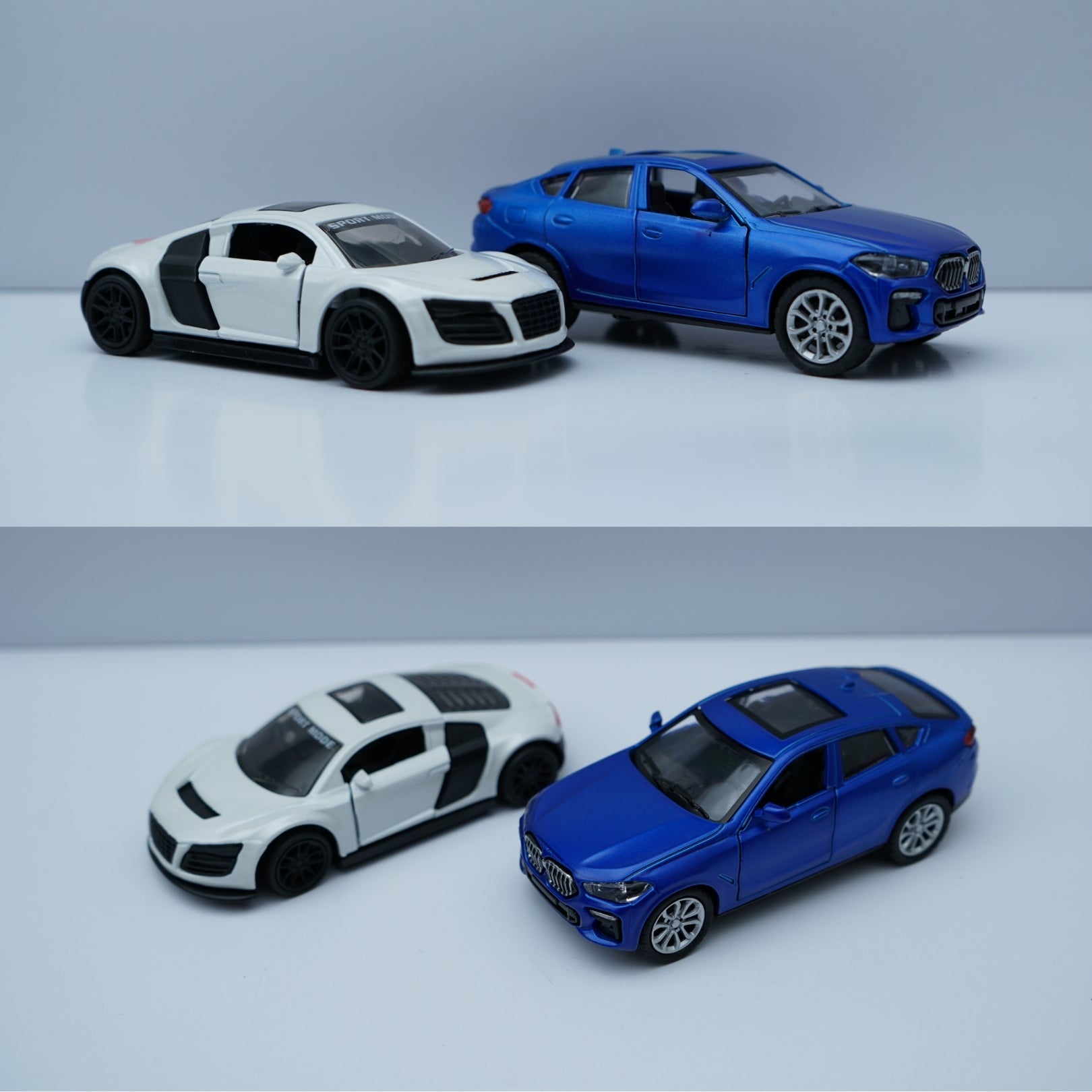 1:43 Diecast Car Combo – Audi R8 Style Sports & BMW SUV Model (White + Blue, Metal Body) -  Kunju Vandi  