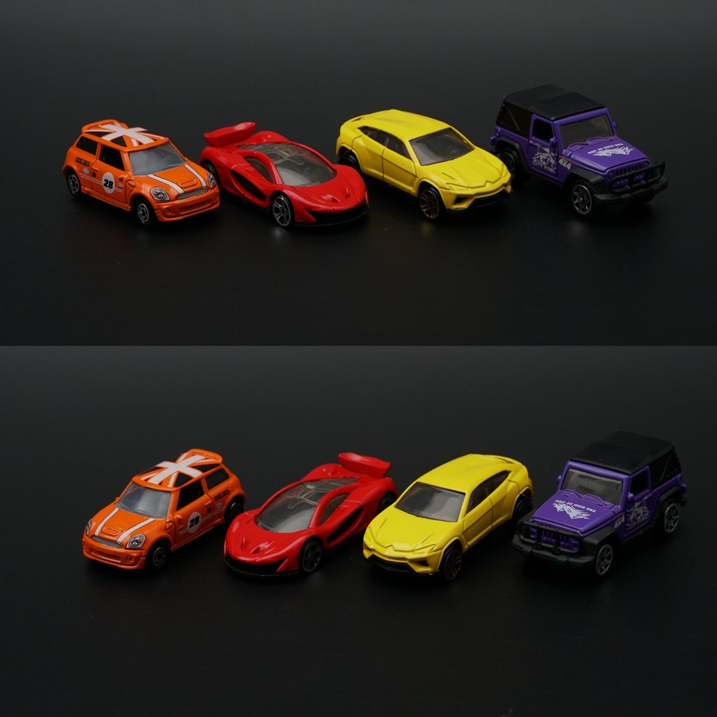 1:64 Diecast 4-Car Set | Orange Mini · Red McLaren P1 · Yellow Urus · Purple Jeep Wrangler -  Kunju Vandi  