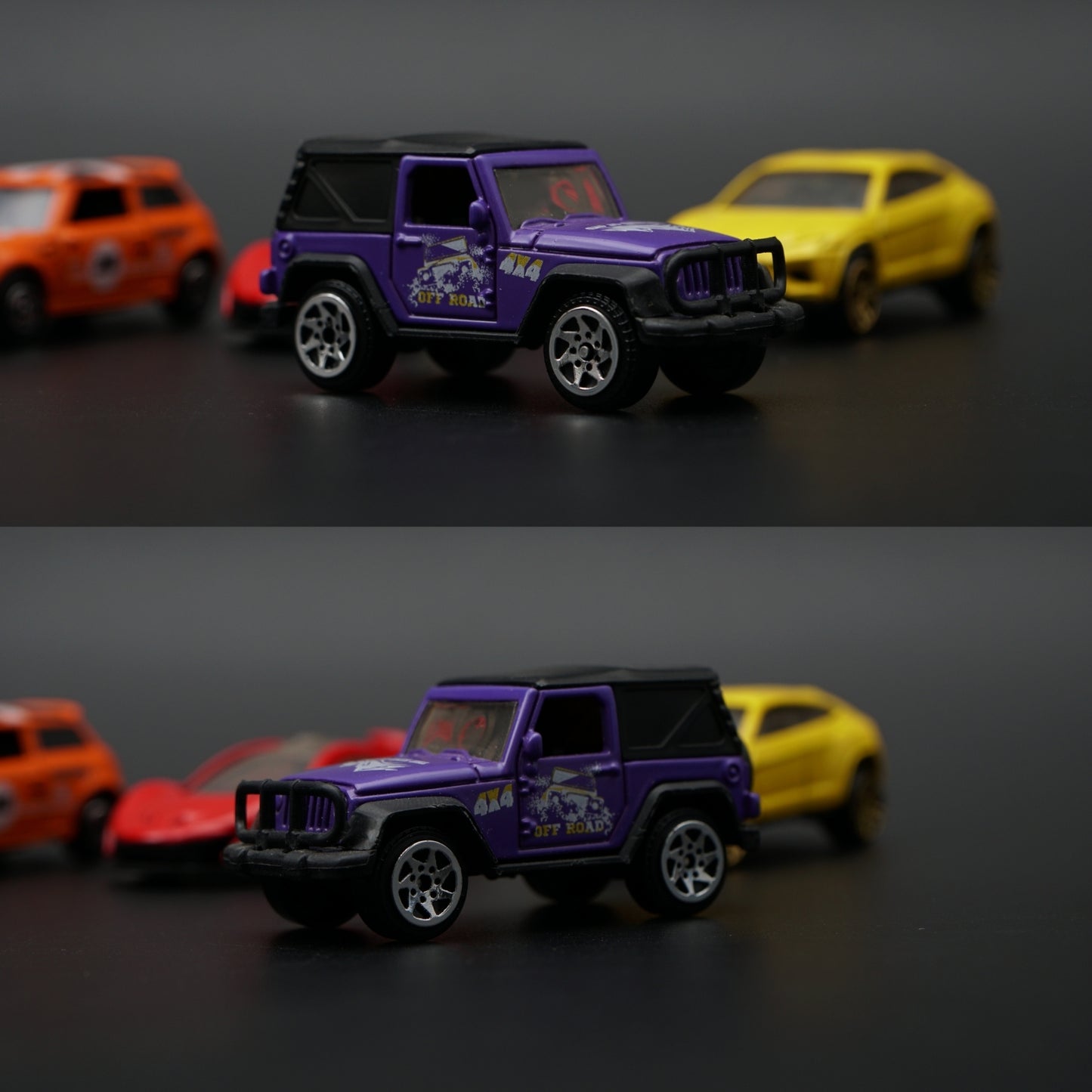 1:64 Diecast 4-Car Set | Orange Mini · Red McLaren P1 · Yellow Urus · Purple Jeep Wrangler -  Kunju Vandi  