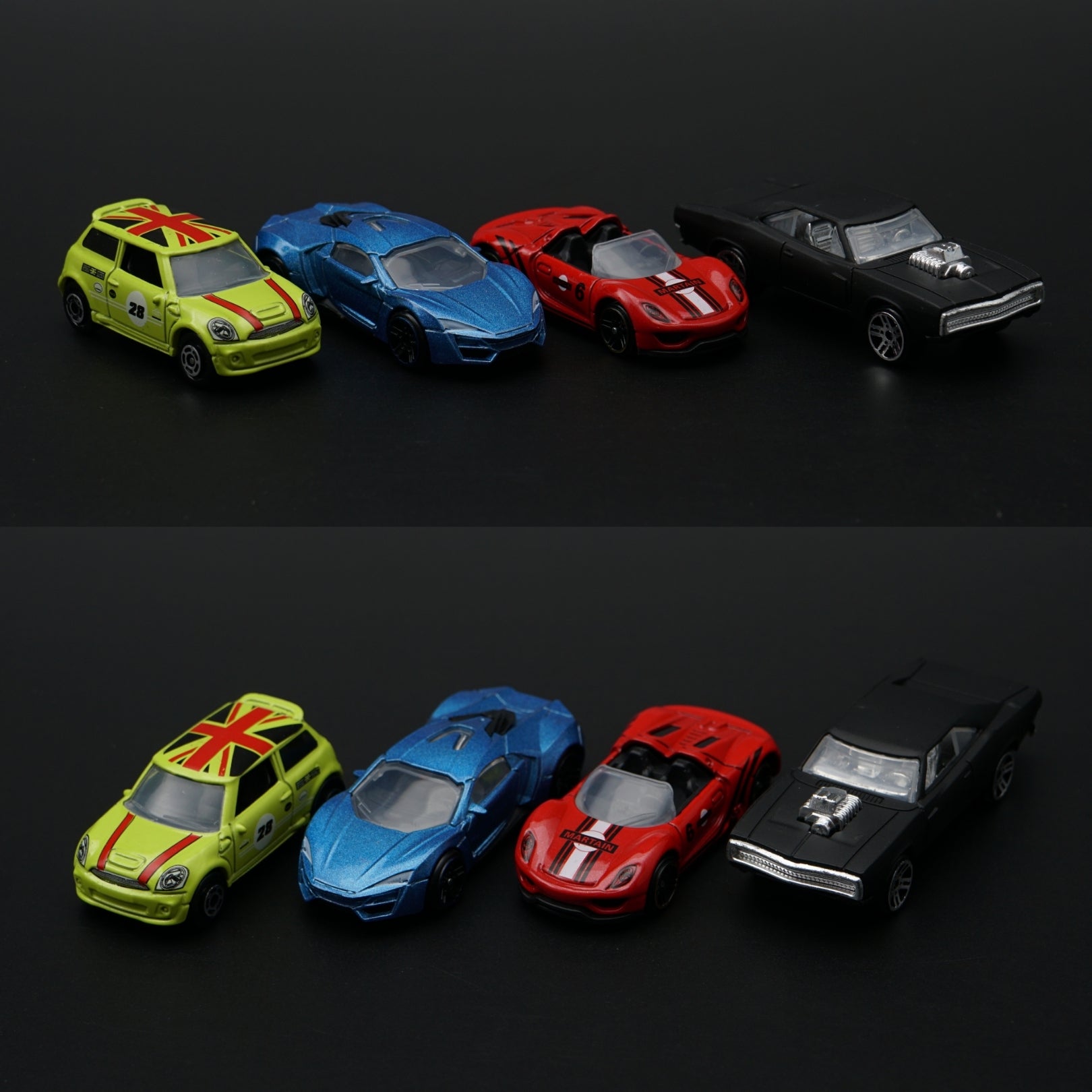 1:64 Diecast 4-Car Set | Union Jack Mini · Lykan HyperSport · Porsche 918 · Dodge Charger -  Kunju Vandi  