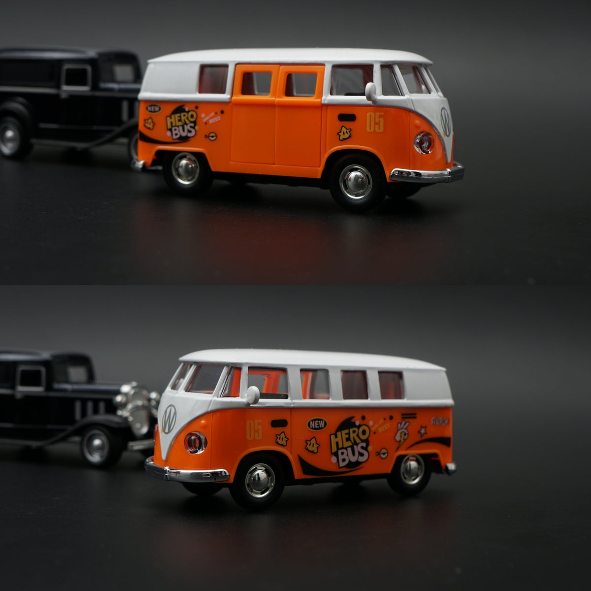 Diecast 2-Car Set | Ford Model A Black 1:43 + VW T1 Hero Bus #05 Orange 1:36 -  Kunju Vandi  