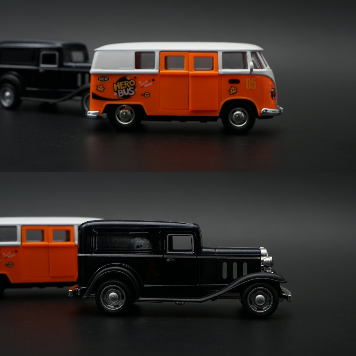 Diecast 2-Car Set | Ford Model A Black 1:43 + VW T1 Hero Bus #05 Orange 1:36 -  Kunju Vandi  