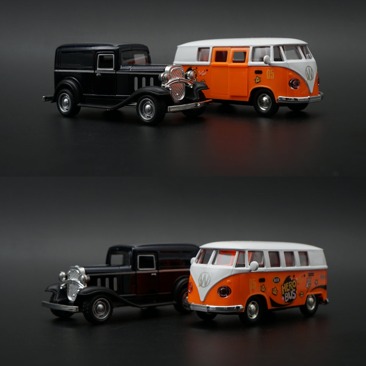 Diecast 2-Car Set | Ford Model A Black 1:43 + VW T1 Hero Bus #05 Orange 1:36 -  Kunju Vandi  