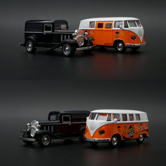 Diecast 2-Car Set | Ford Model A Black 1:43 + VW T1 Hero Bus #05 Orange 1:36 -  Kunju Vandi  