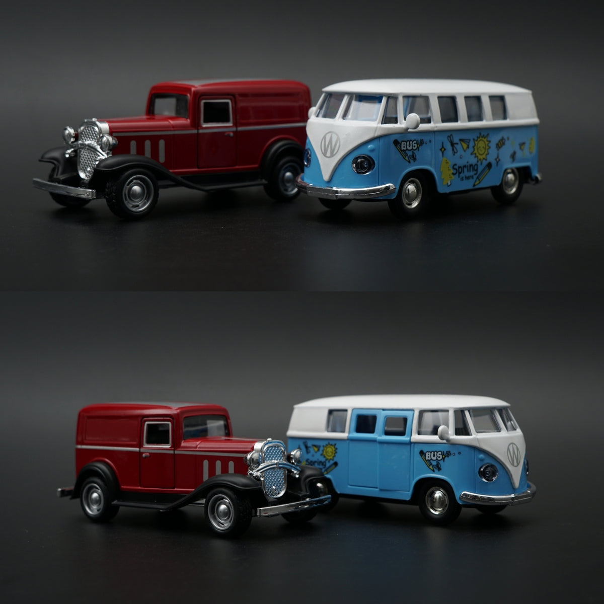 Diecast 2-Car Set | Ford Model A Red 1:43 + VW T1 Spring is Here Bus Blue 1:36 -  Kunju Vandi  