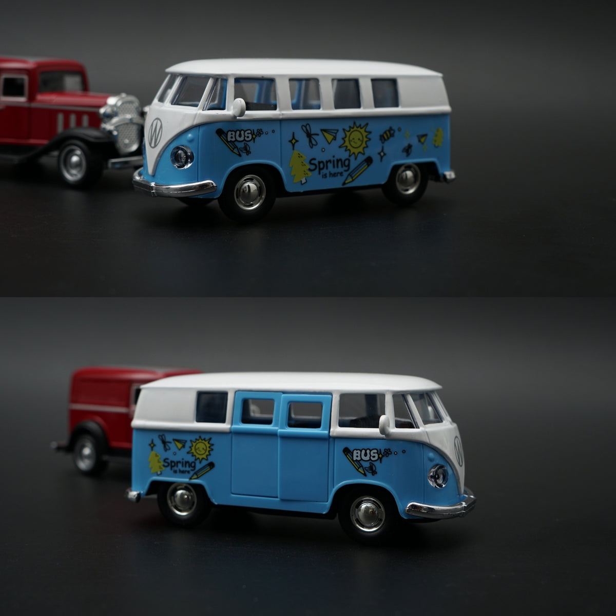 Diecast 2-Car Set | Ford Model A Red 1:43 + VW T1 Spring is Here Bus Blue 1:36 -  Kunju Vandi  