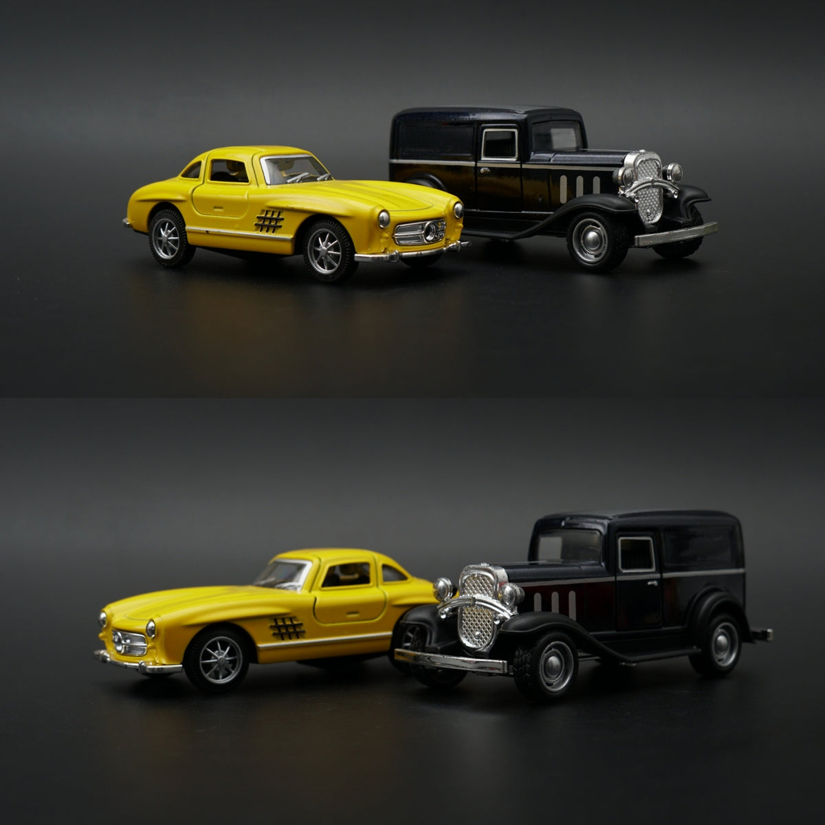 Diecast 2-Car Set | Mercedes 300SL Yellow 1:36 + Ford Model A Panel Van Black 1:43 -  Kunju Vandi  