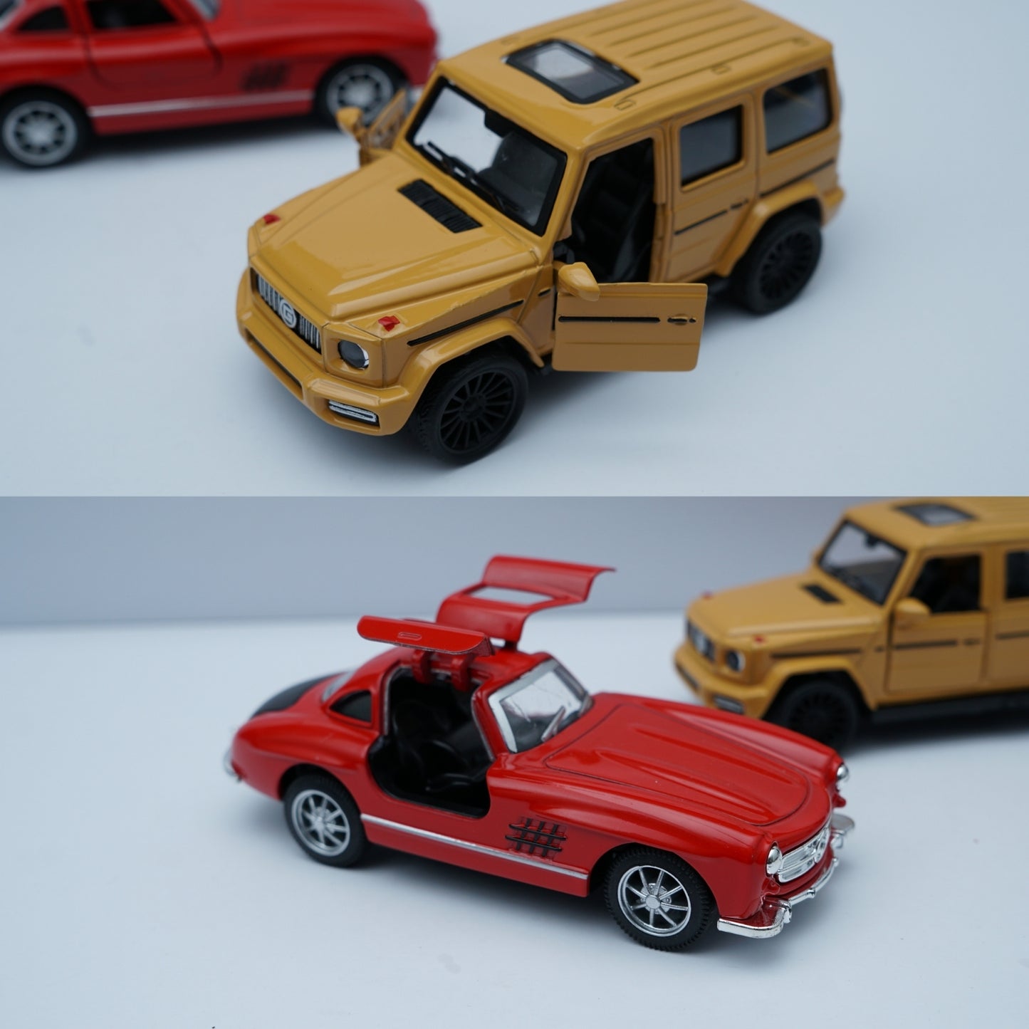 Red Mercedes-Benz 300SL Coupe (1:36) & Yellow G Wagon Style SUV (1:43) Model Set -  Kunju Vandi  