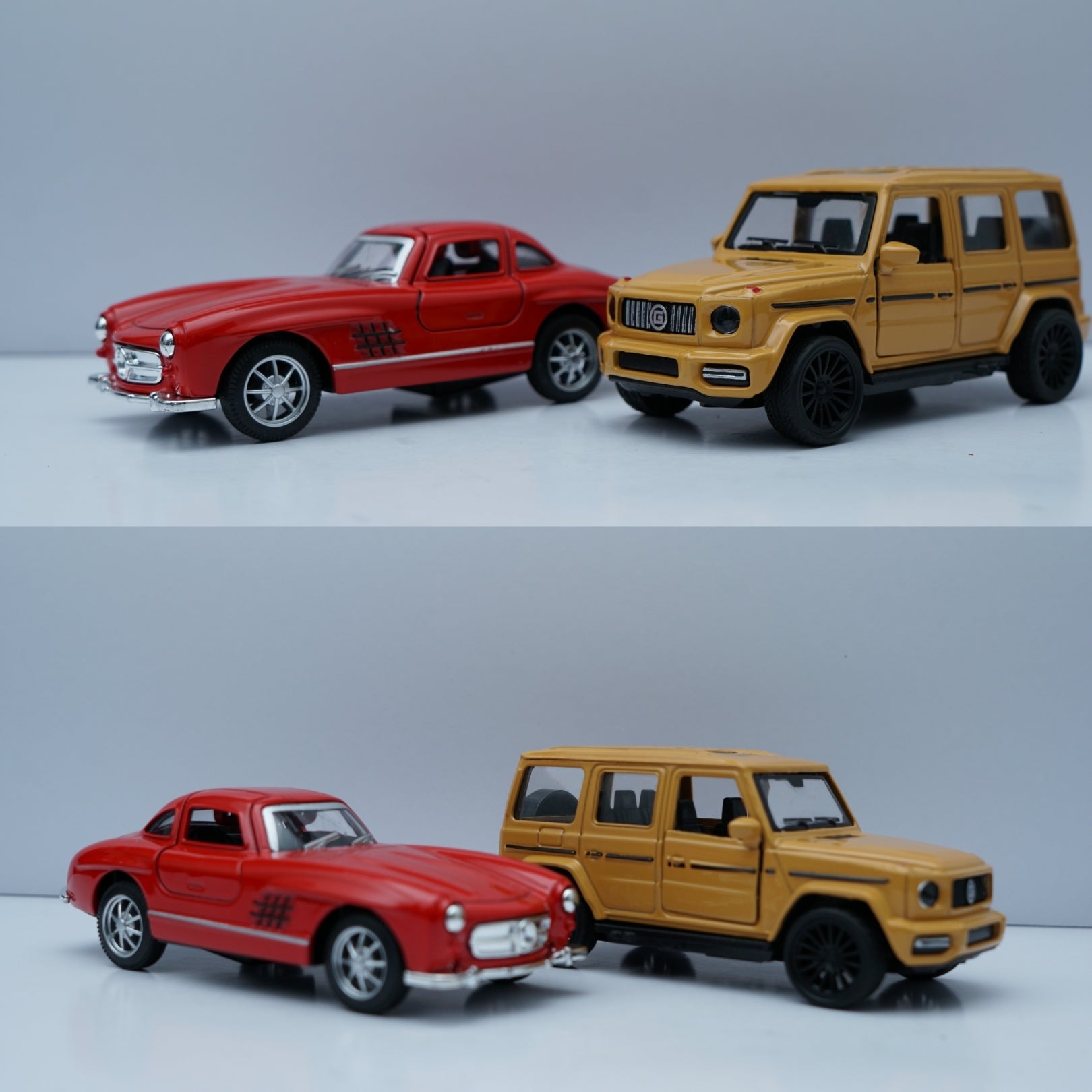 Red Mercedes-Benz 300SL Coupe (1:36) & Yellow G Wagon Style SUV (1:43) Model Set -  Kunju Vandi  