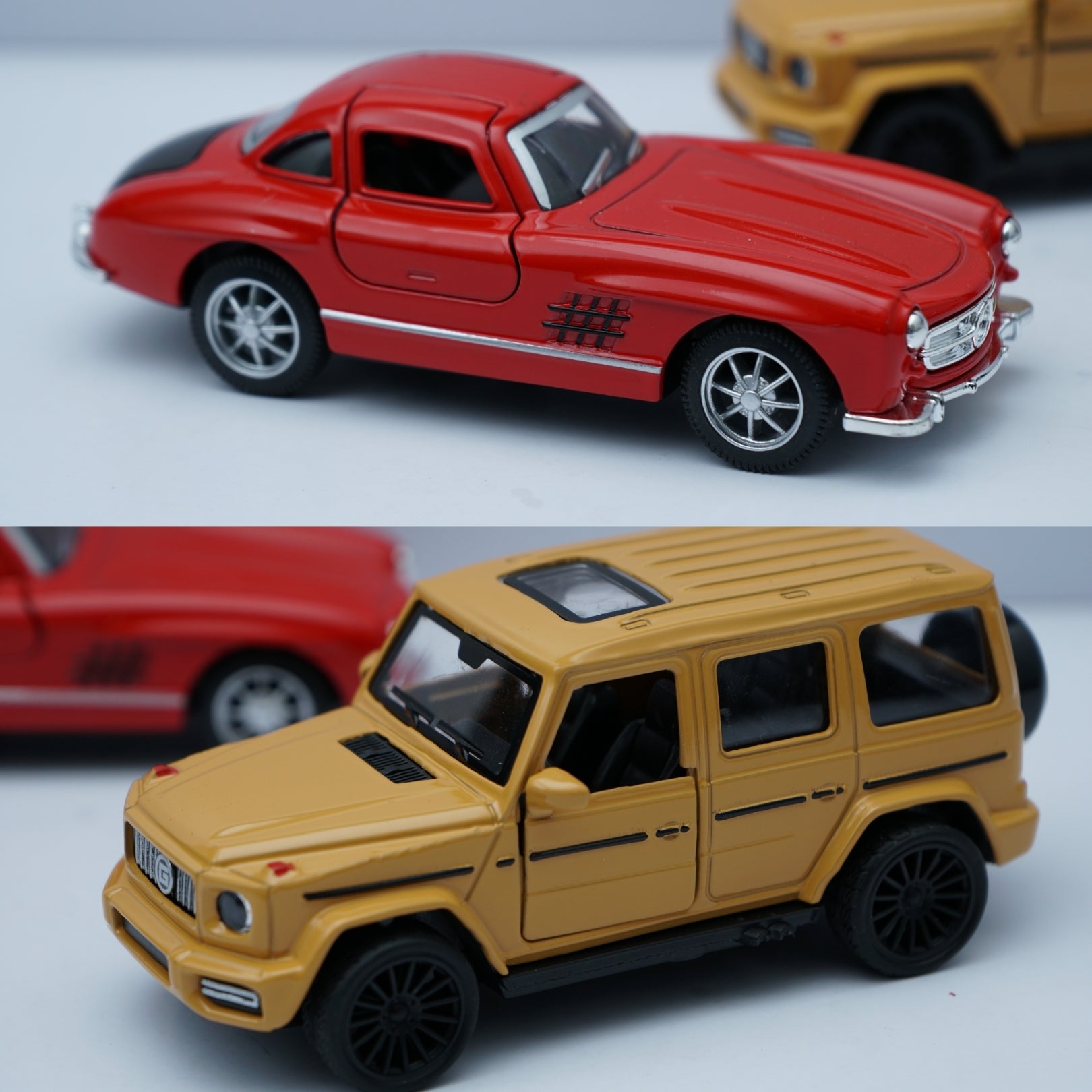 Red Mercedes-Benz 300SL Coupe (1:36) & Yellow G Wagon Style SUV (1:43) Model Set -  Kunju Vandi  
