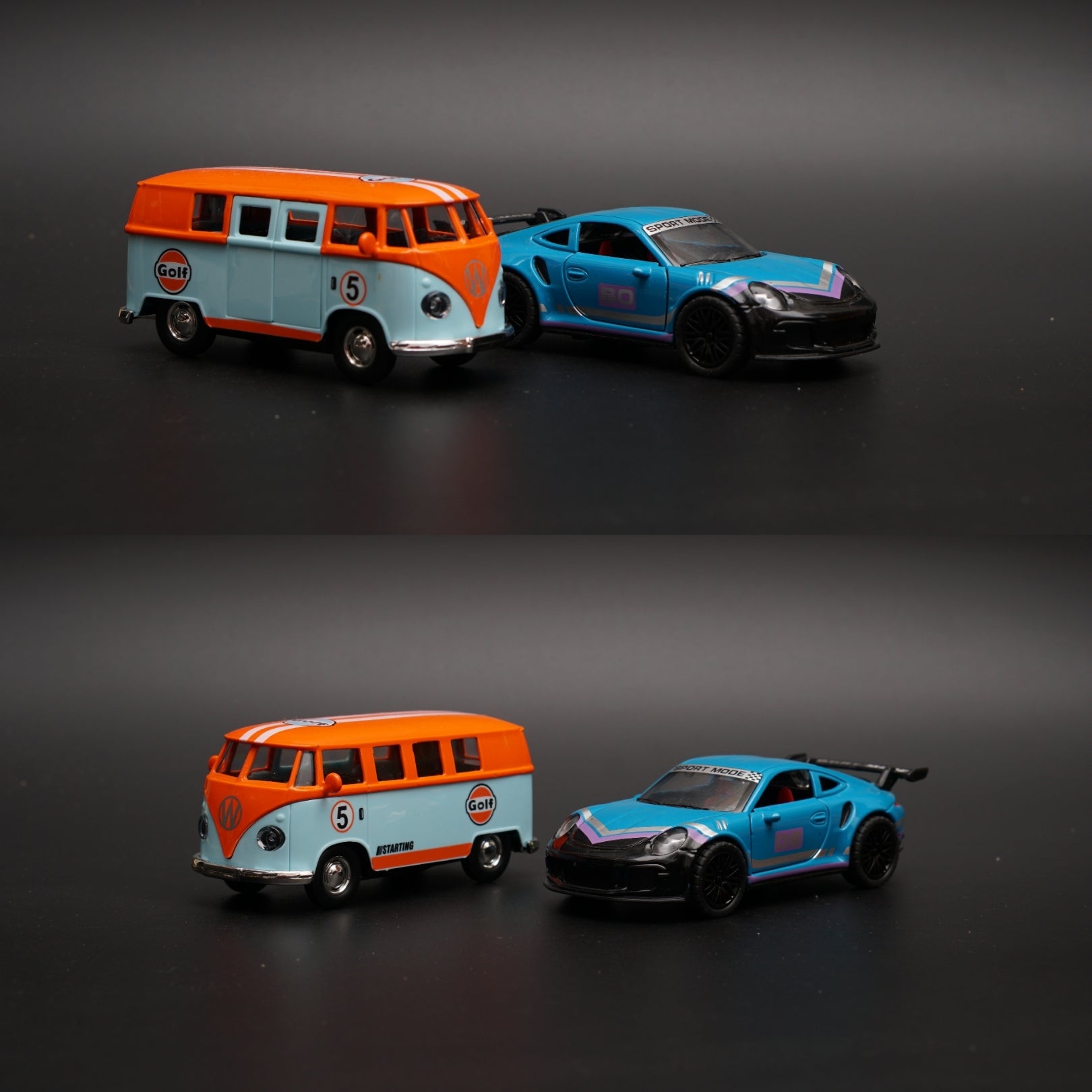 1:36 Volkswagen T1, Porsche Diecast combo (Orange Top,Blue) -  Kunju Vandi  