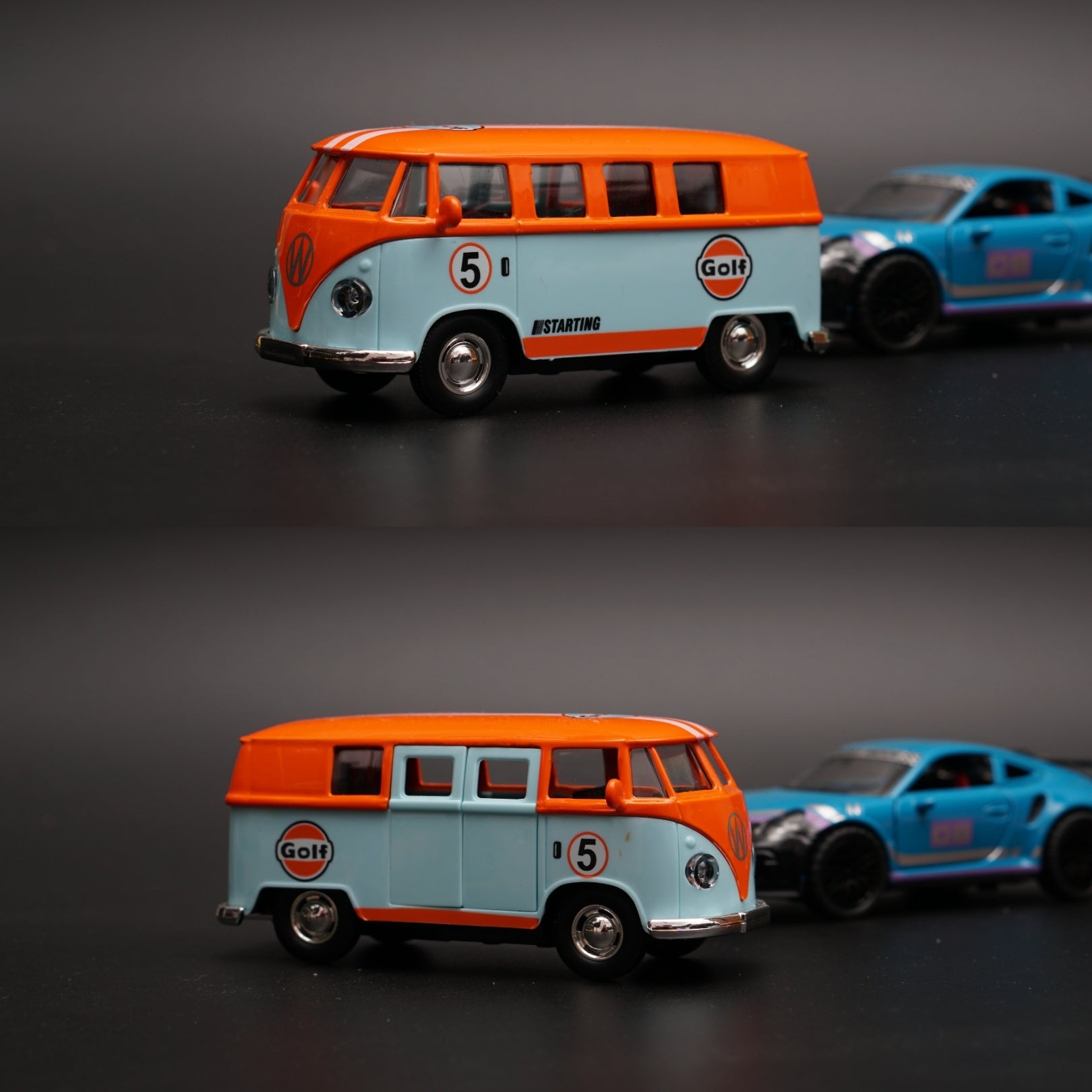 1:36 Volkswagen T1, Porsche Diecast combo (Orange Top,Blue) -  Kunju Vandi  