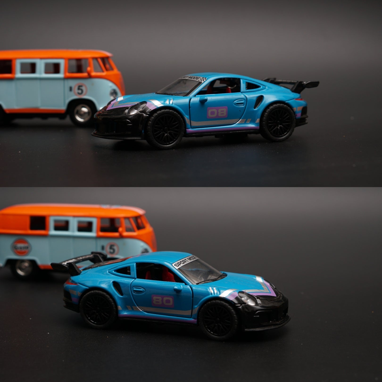 1:36 Volkswagen T1, Porsche Diecast combo (Orange Top,Blue) -  Kunju Vandi  