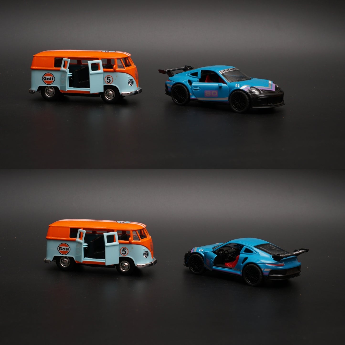 1:36 Volkswagen T1, Porsche Diecast combo (Orange Top,Blue) -  Kunju Vandi  