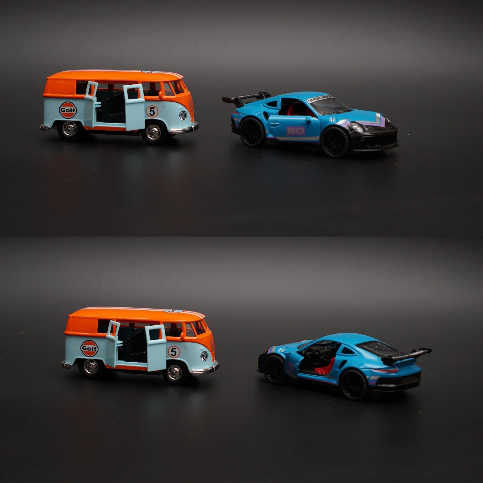 1:36 Volkswagen T1, Porsche Diecast combo (Orange Top,Blue) -  Kunju Vandi  