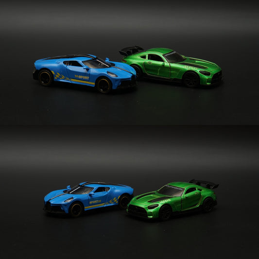 1:43 AMG GT Green , Bugatti Blue strips Diecast Combo