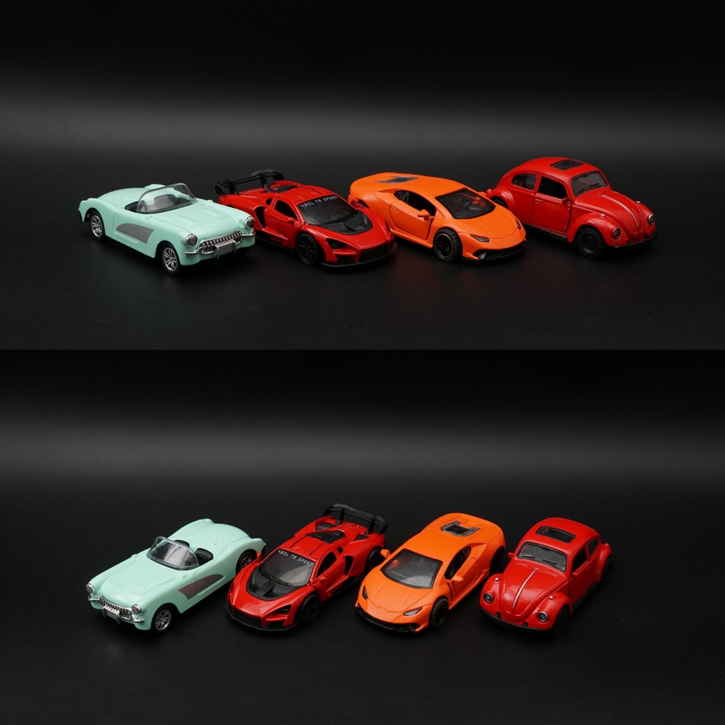 1:43 Scale Diecast 4-Car Combo Set | Corvette · Mclaren · Lamborghini · Beetle