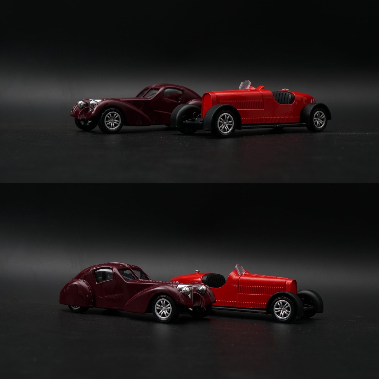 1:43 Diecast 2-Car Set | Burgundy Art Deco Coupe + Red Open-Wheel Racer