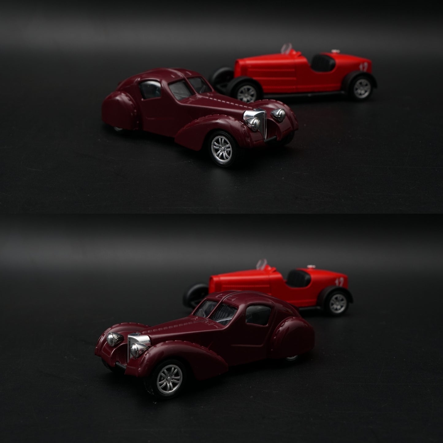 1:43 Diecast 2-Car Set | Burgundy Art Deco Coupe + Red Open-Wheel Racer