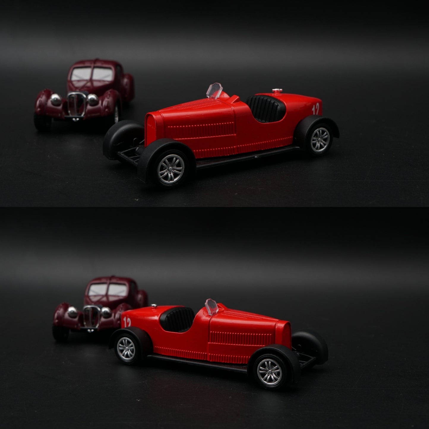 1:43 Diecast 2-Car Set | Burgundy Art Deco Coupe + Red Open-Wheel Racer