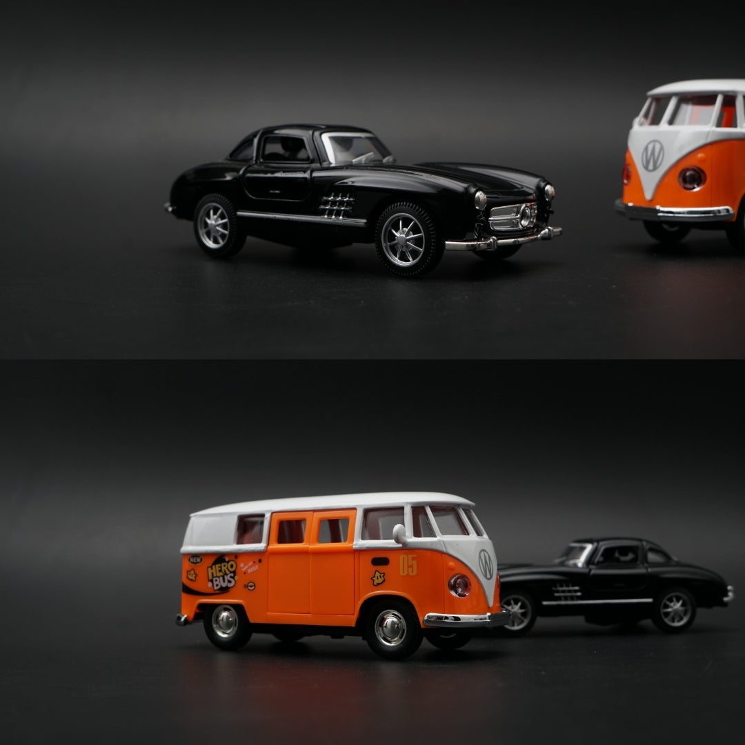 1:36 Diecast 2-Car Set | VW T1 Hero Bus #05 + Mercedes 300SL | Black & Orange