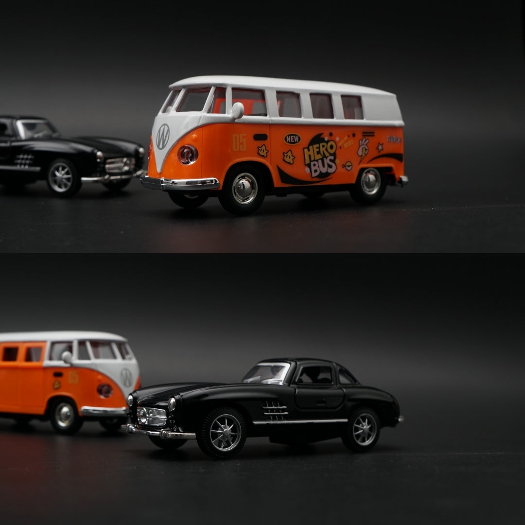 1:36 Diecast 2-Car Set | VW T1 Hero Bus #05 + Mercedes 300SL | Black & Orange