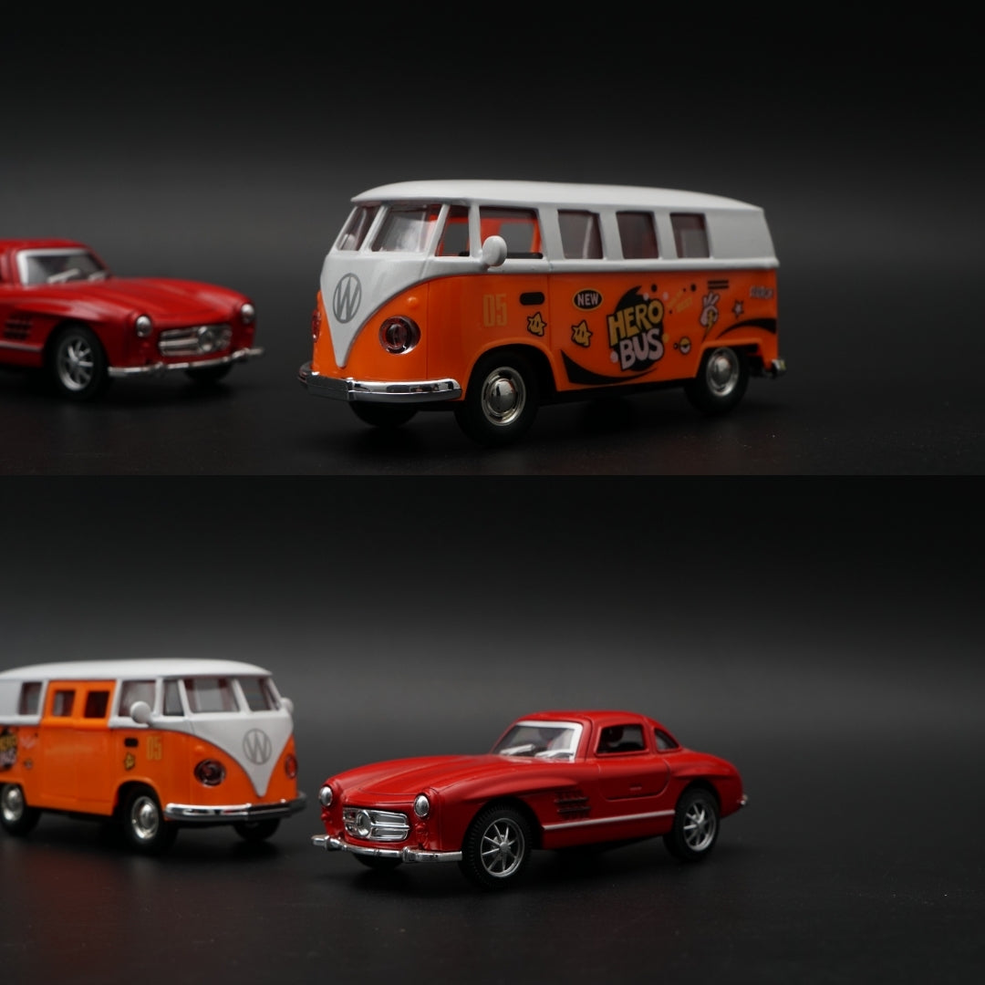 1:36 Diecast 2-Car Set | VW T1 Hero Bus #05 + Mercedes 300SL | Orange & Red