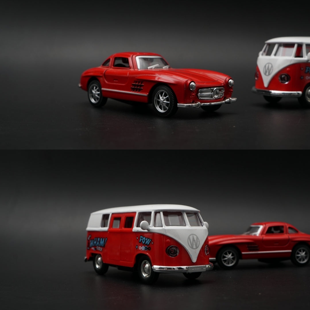 1:36 Diecast 2-Car Set | VW T1 POW WHAM Bus + Mercedes 300SL | All Red Pair