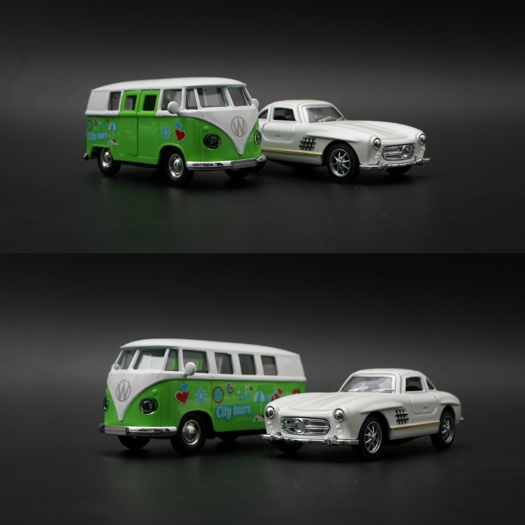 1:36 Diecast 2-Car Set | VW T1 City Tours Bus + Mercedes 300SL | Green & White Pair