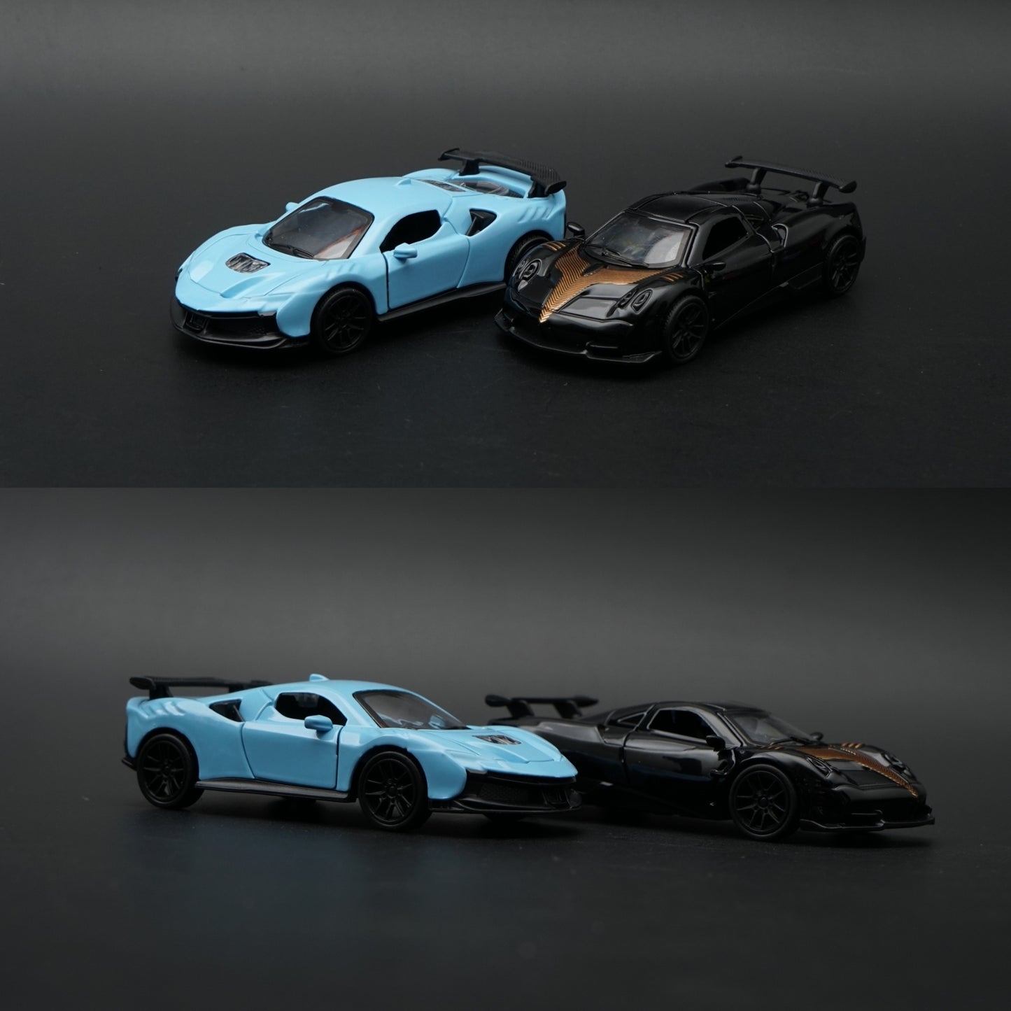1:43 Diecast 2-Car Set | Ferrari 488 Style Baby Blue + Pagani Zonda Black & Gold