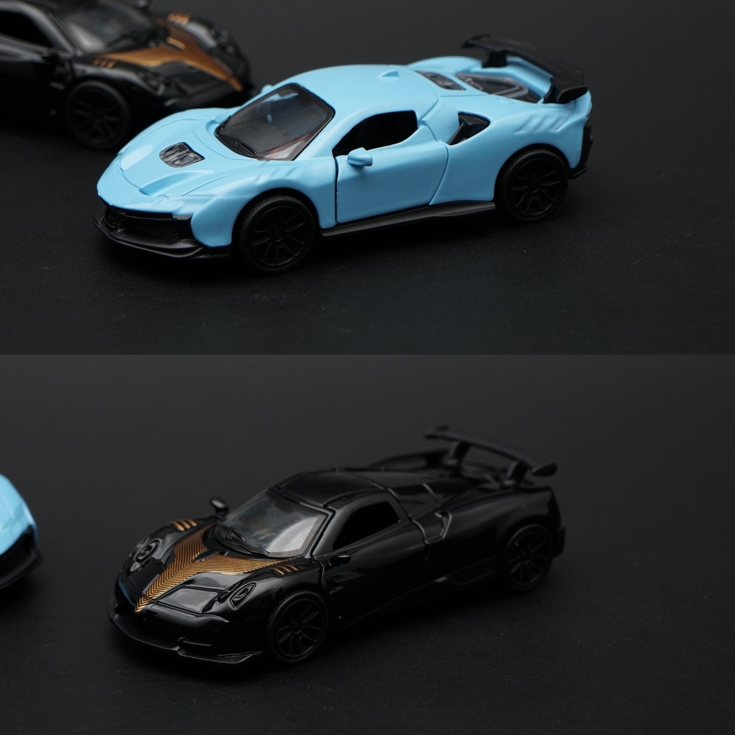1:43 Diecast 2-Car Set | Ferrari 488 Style Baby Blue + Pagani Zonda Black & Gold