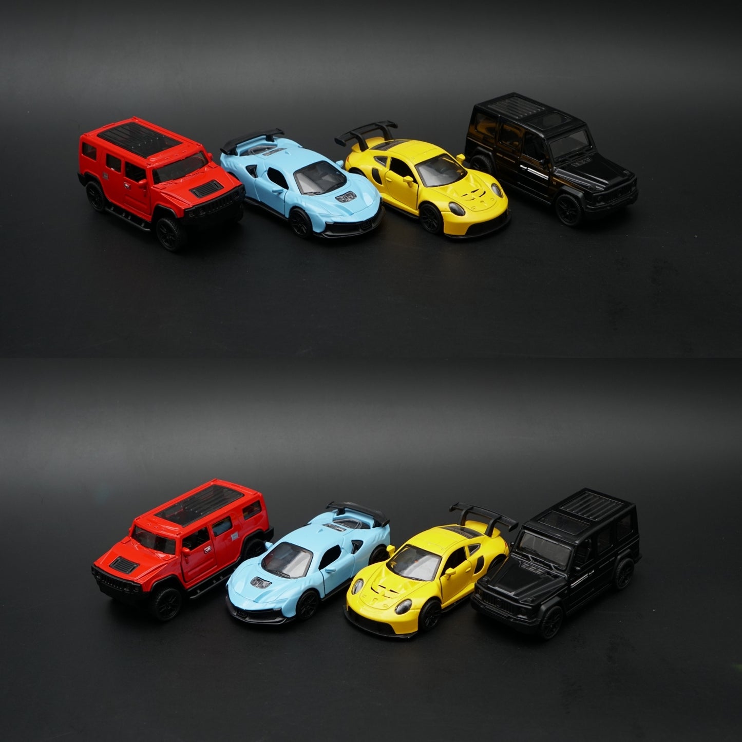 1:43 Diecast 4-Car Bundle | SUV & Supercar Mix | Red · Blue · Yellow · Black