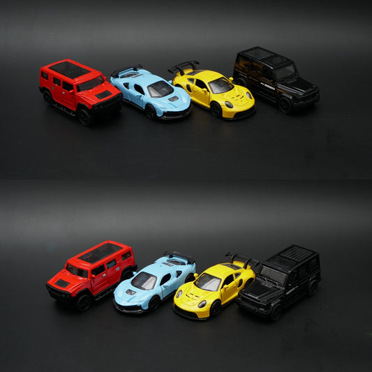 1:43 Diecast 4-Car Bundle | SUV & Supercar Mix | Red · Blue · Yellow · Black