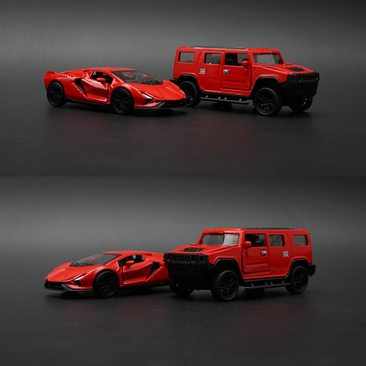 1:43 Diecast 2-Car Set | Lamborghini Revuelto Red + Hummer H2 Red | All Red Pair