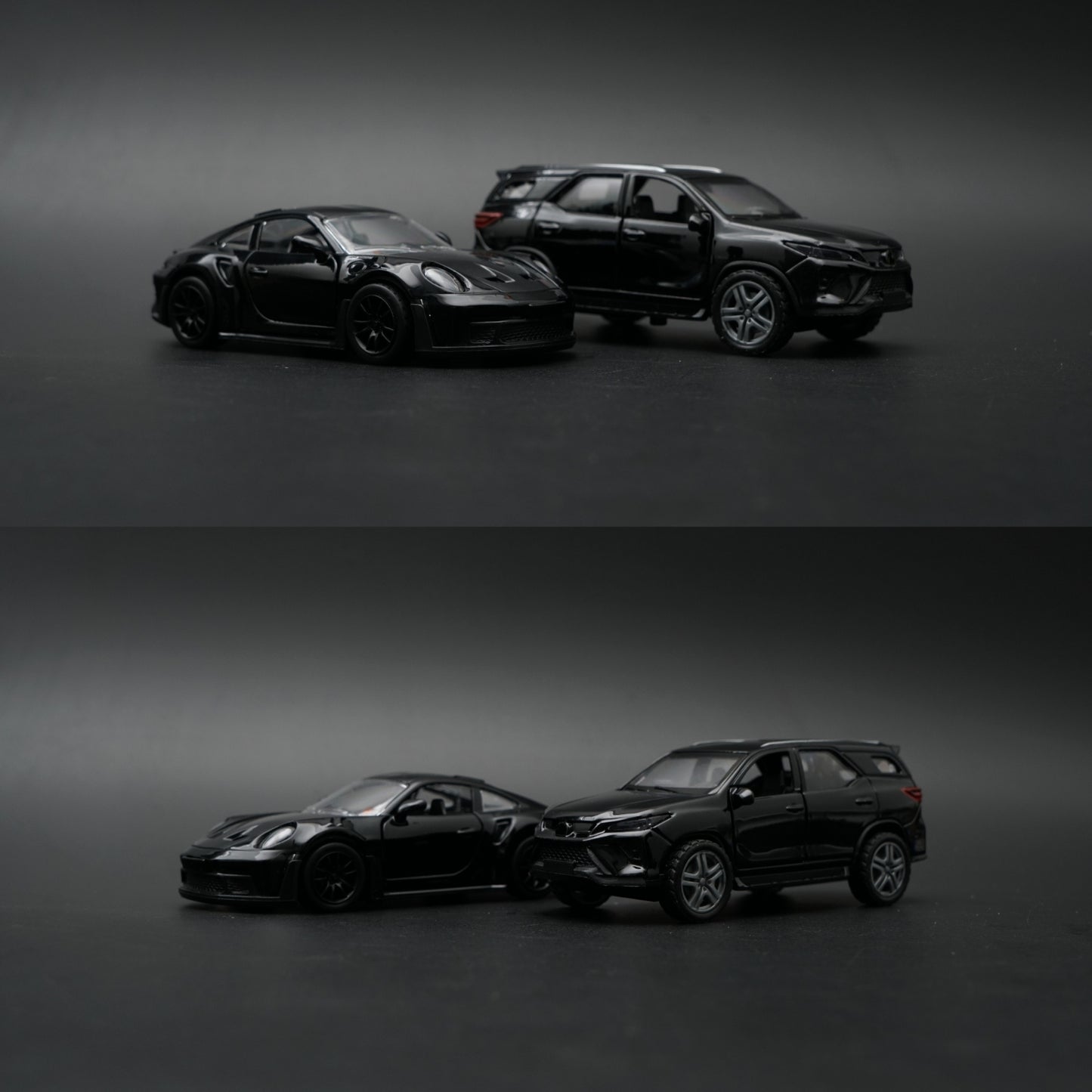 1:36 Diecast 2-Car Set | Porsche 911 Turbo S + Toyota Fortuner | Full Black Pair