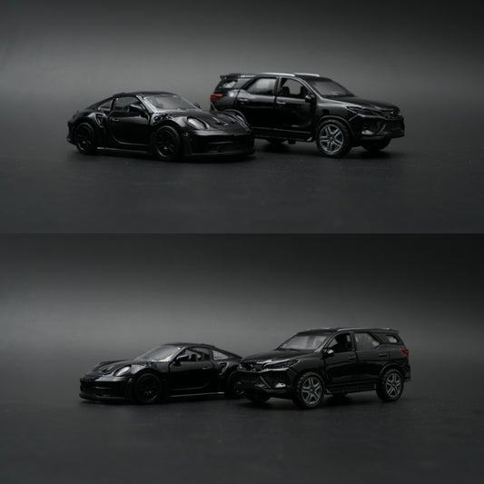 1:36 Diecast 2-Car Set | Porsche 911 Turbo S + Toyota Fortuner | Full Black Pair