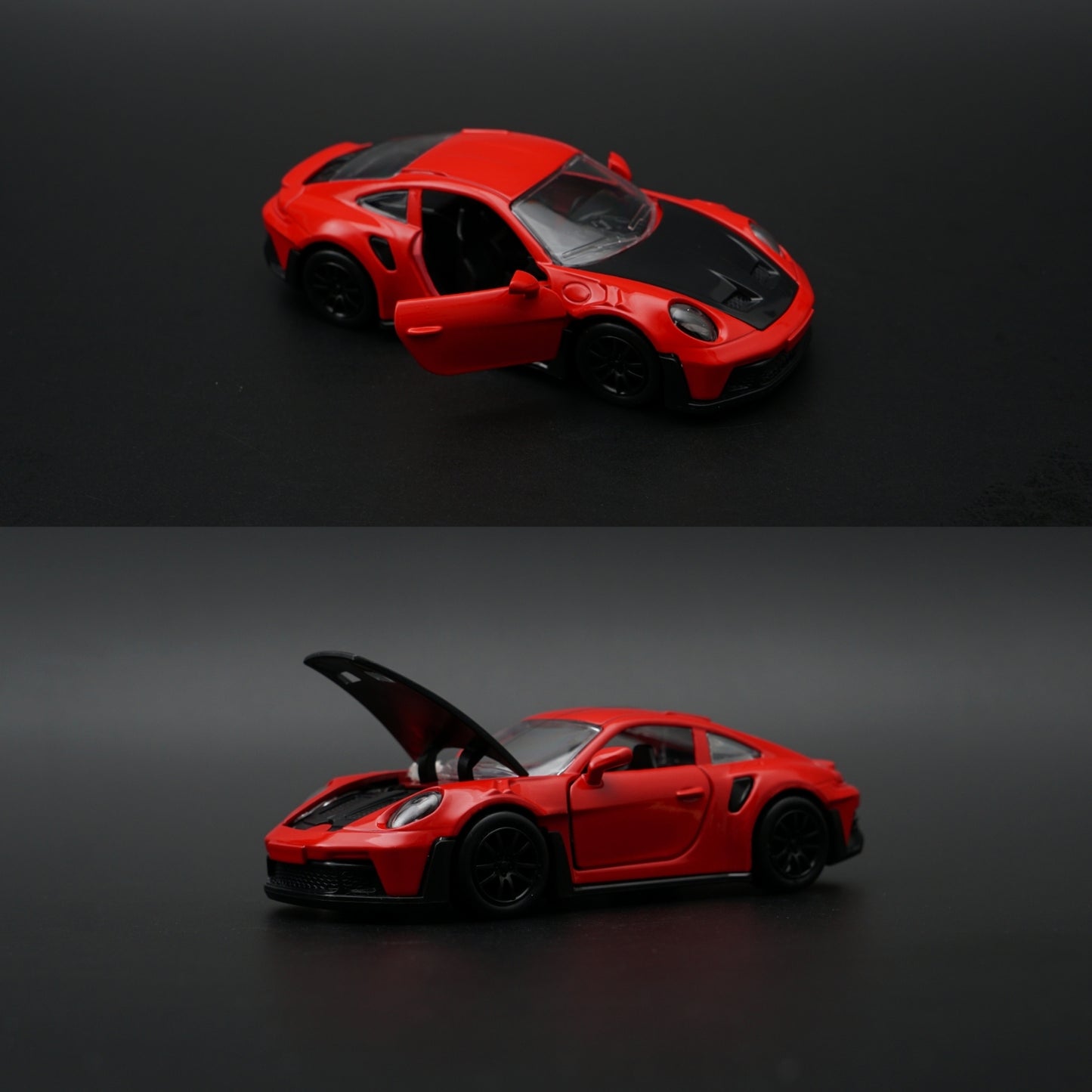 1:36 Porsche 911 Turbo S Diecast — Guards Red | Black Carbon Hood | Sport Edition
