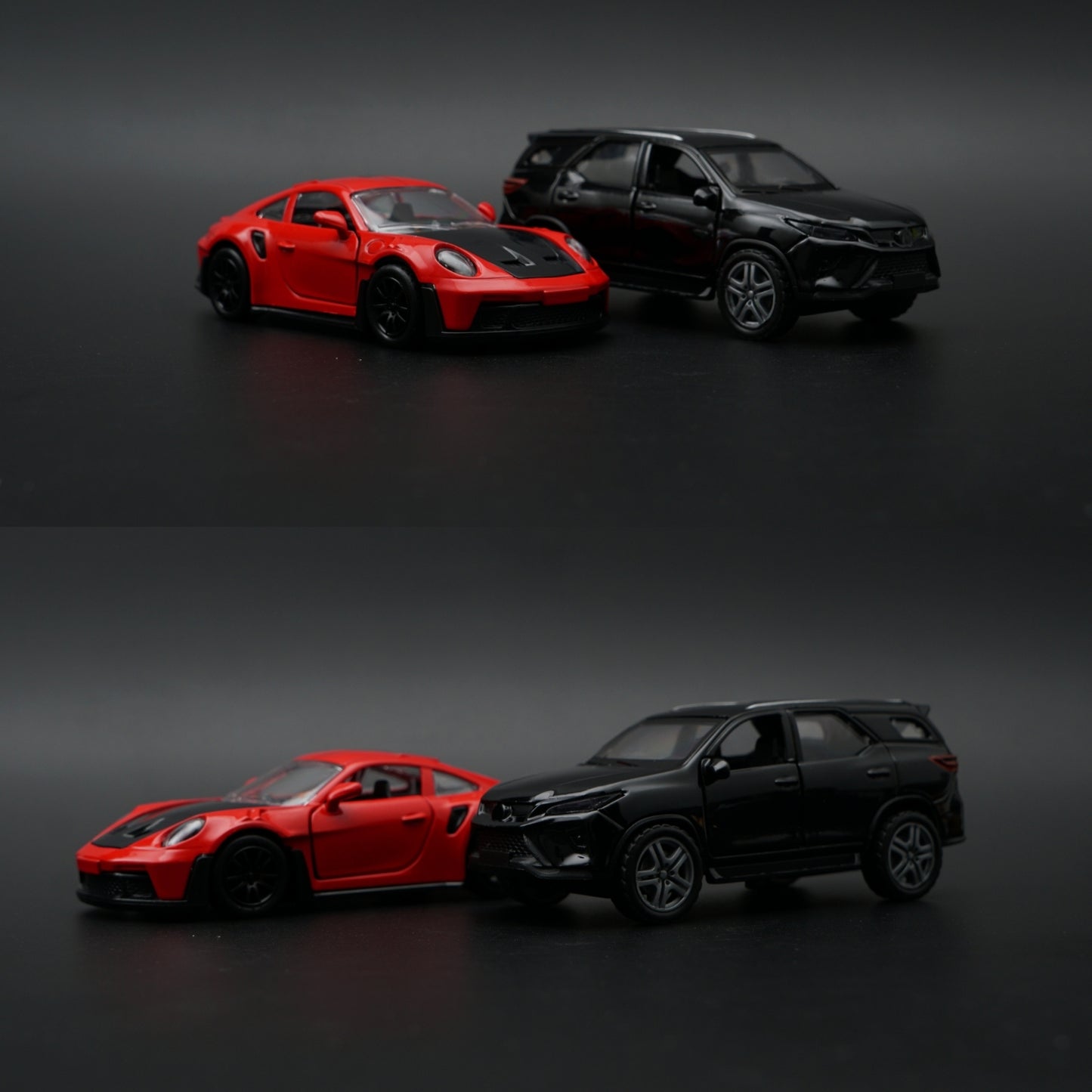 1:36 Diecast 2-Car Set | Porsche 911 Turbo S Red + Toyota Fortuner Black