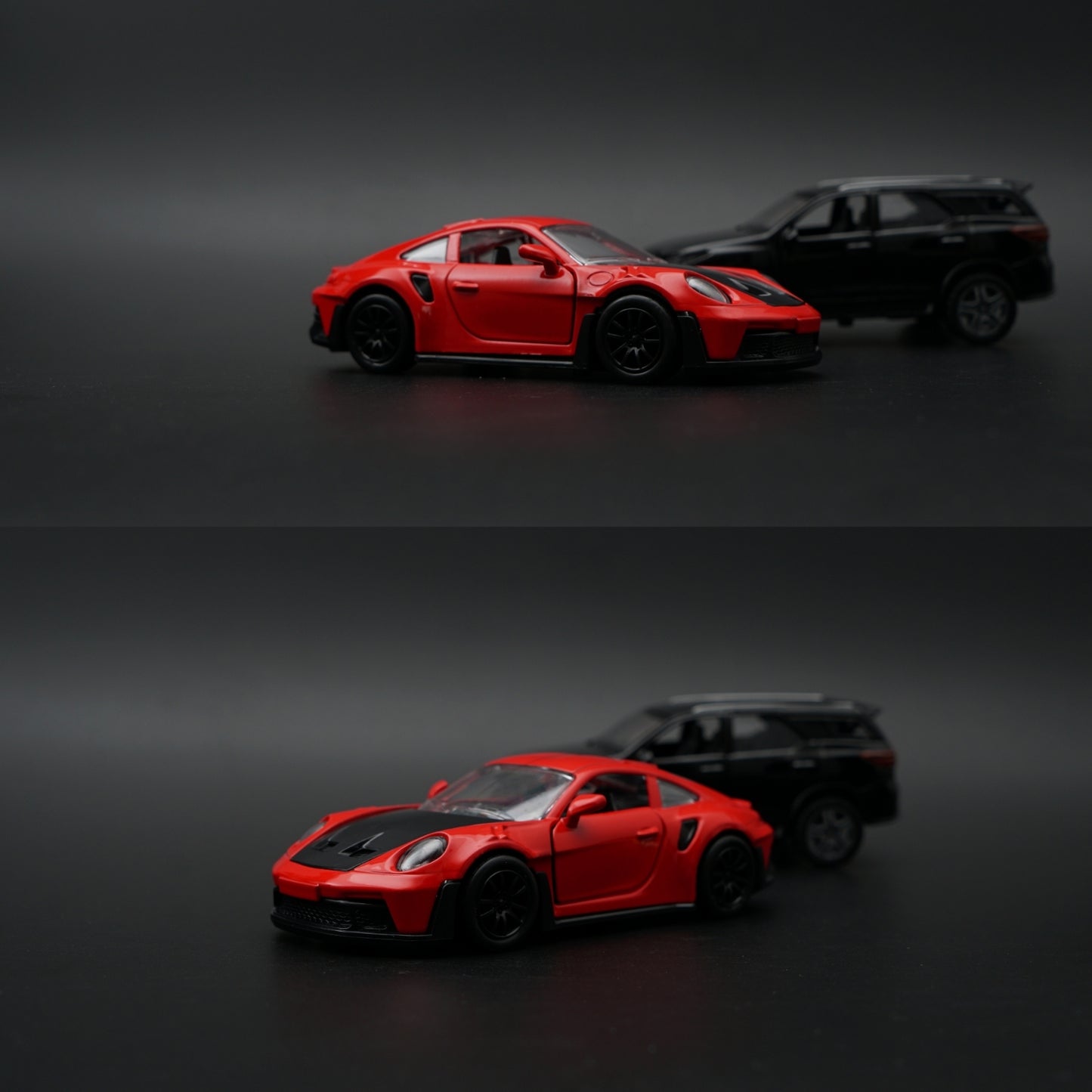 1:36 Diecast 2-Car Set | Porsche 911 Turbo S Red + Toyota Fortuner Black