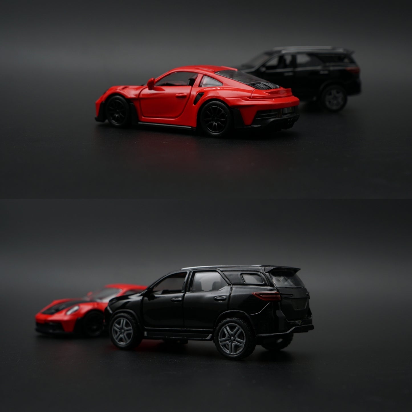 1:36 Diecast 2-Car Set | Porsche 911 Turbo S Red + Toyota Fortuner Black