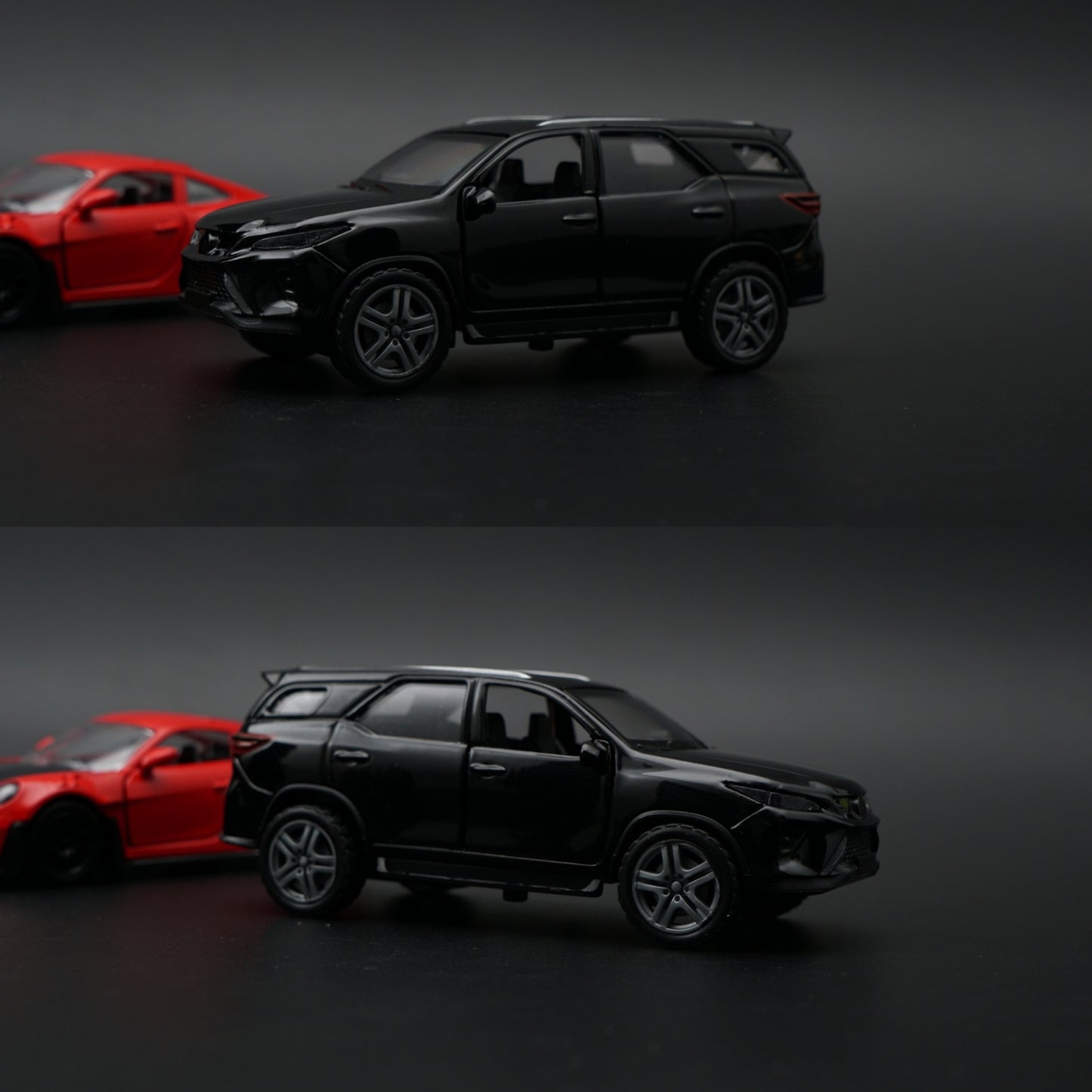 1:36 Diecast 2-Car Set | Porsche 911 Turbo S Red + Toyota Fortuner Black