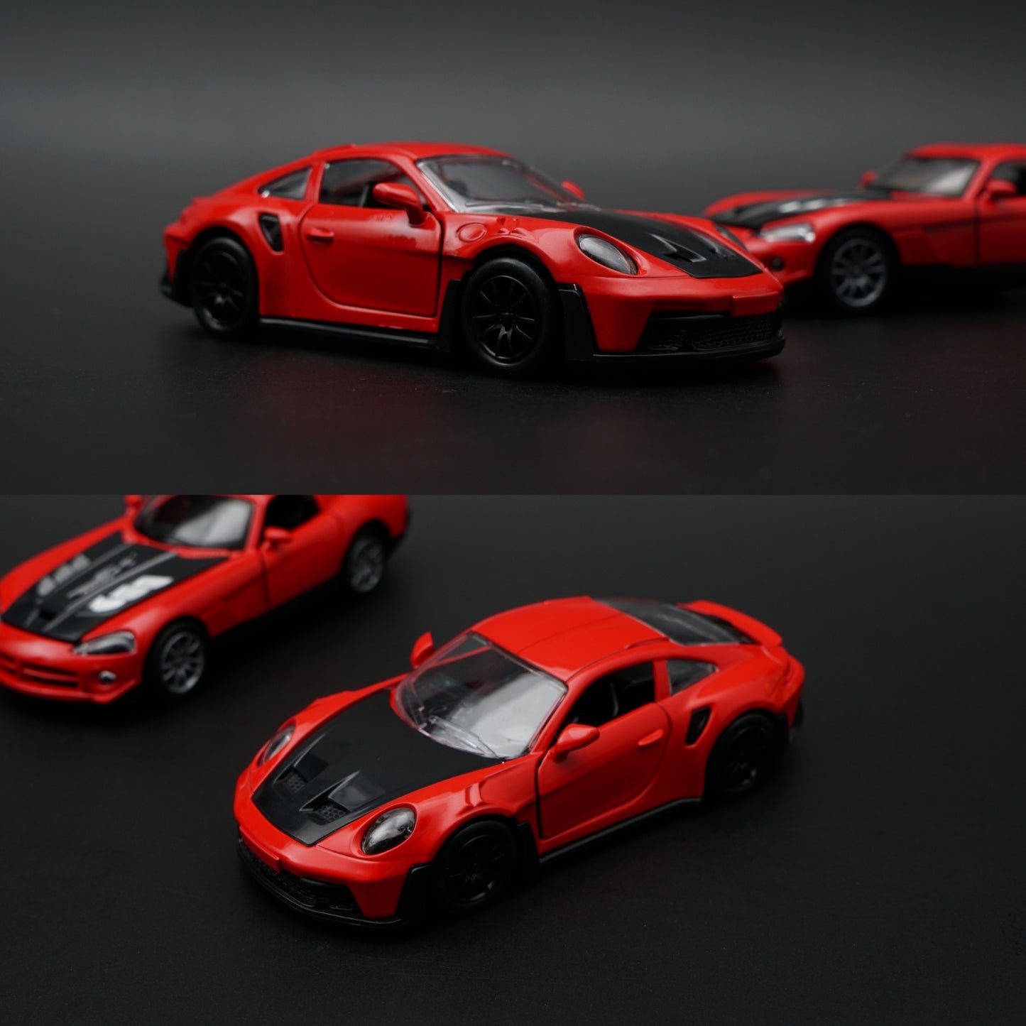 1:36 Diecast 2-Car Set | Porsche 911 Turbo S Red + Dodge Viper SRT Red | Carbon Stripe Pair