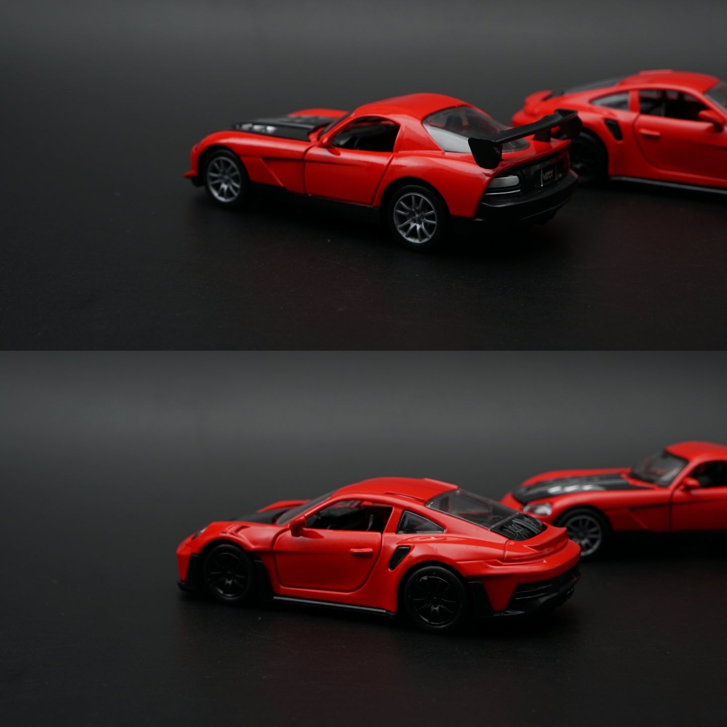 1:36 Diecast 2-Car Set | Porsche 911 Turbo S Red + Dodge Viper SRT Red | Carbon Stripe Pair