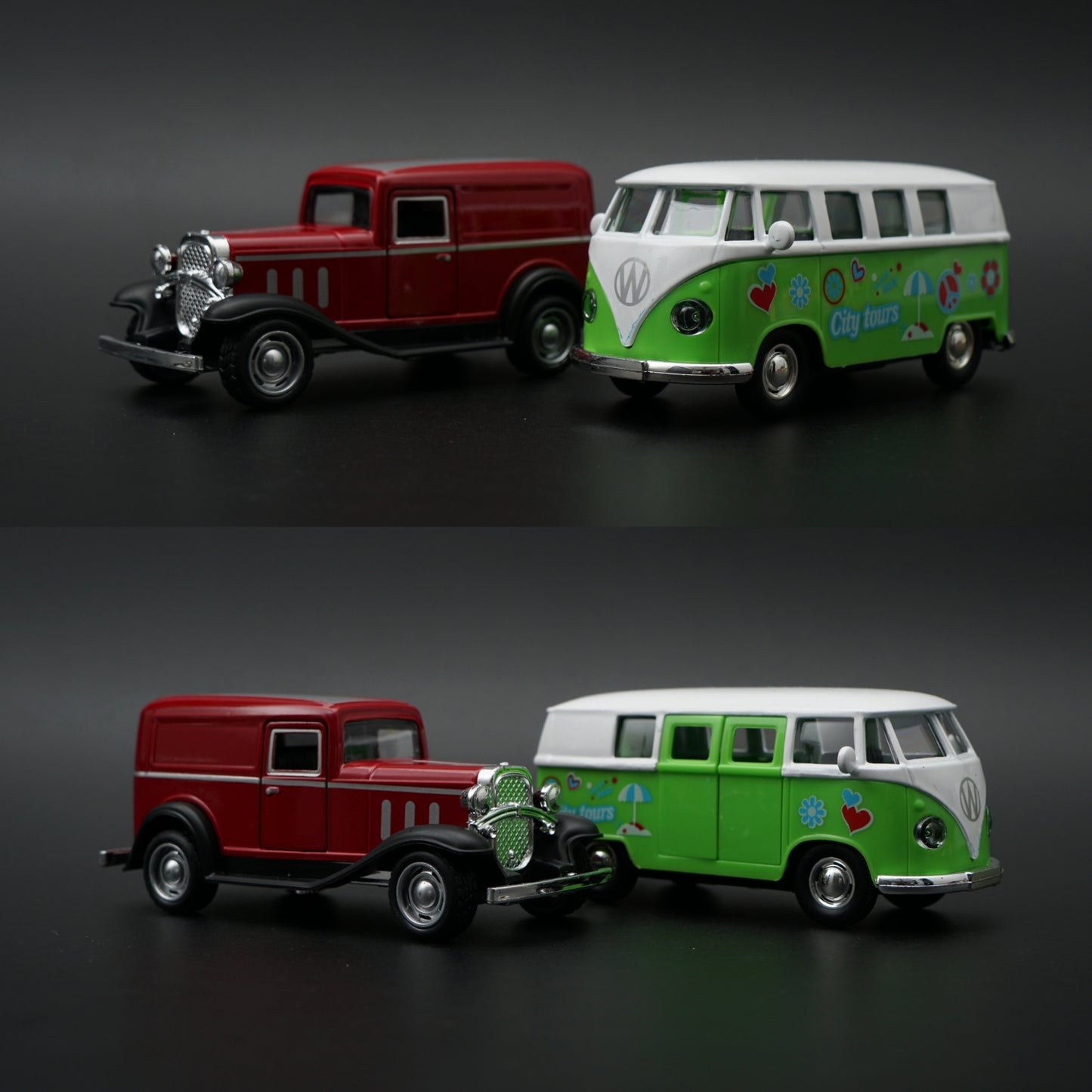 1:43 Diecast 2-Car Set | Ford Model A Panel Van Red + VW T1 City Tours Bus Green