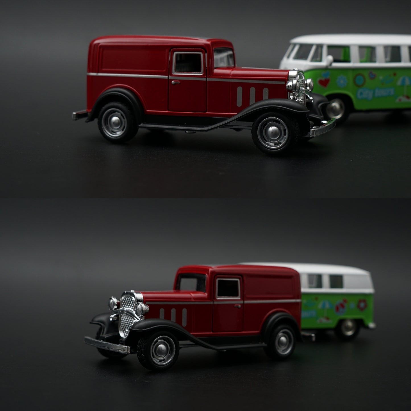 1:43 Diecast 2-Car Set | Ford Model A Panel Van Red + VW T1 City Tours Bus Green