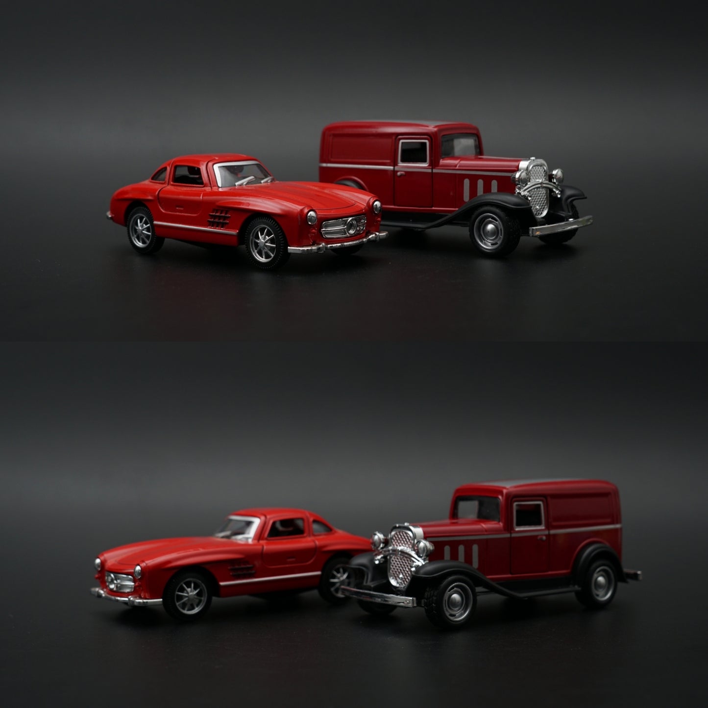 1:43 Diecast 2-Car Set | Mercedes 300SL Red + Ford Model A Panel Van Red