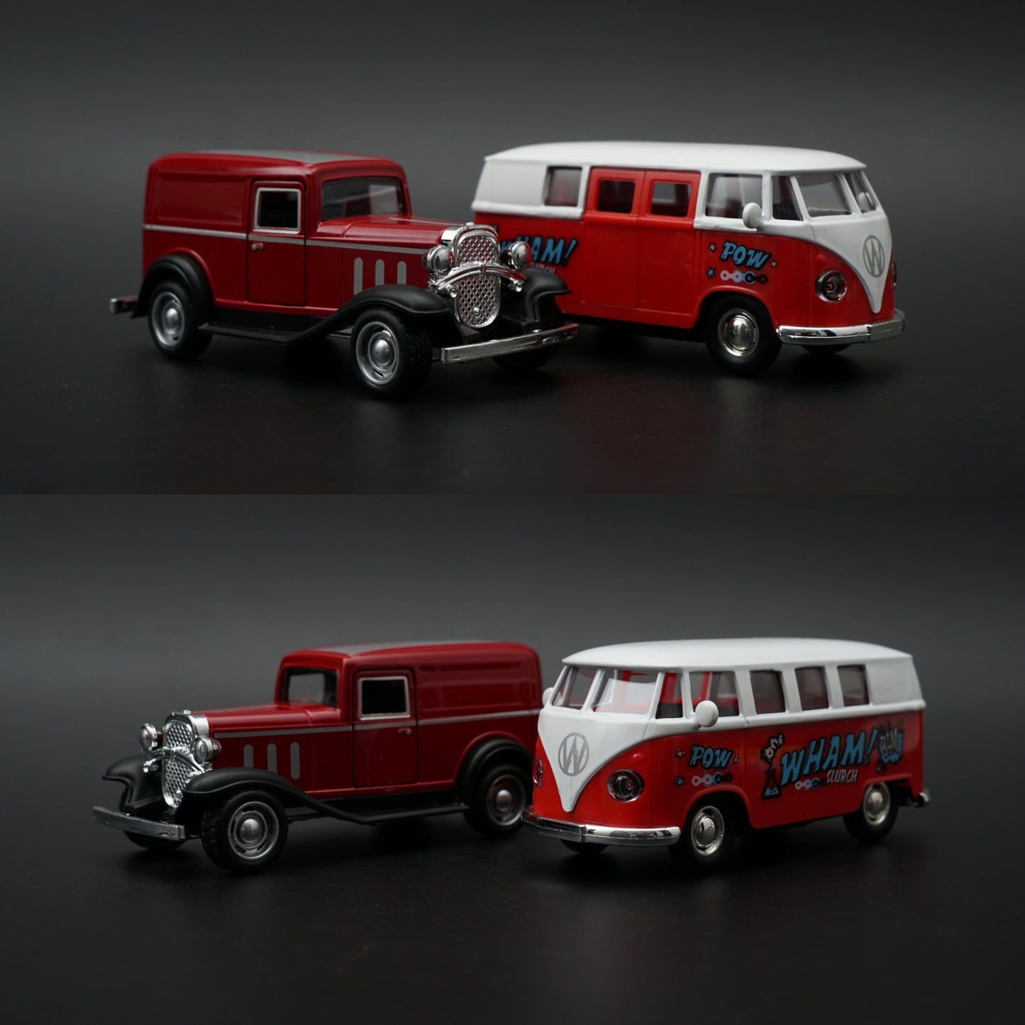 Diecast 2-Car Set | Ford Model A Panel Van 1:43 + VW T1 POW WHAM Bus 1:36 | All Red