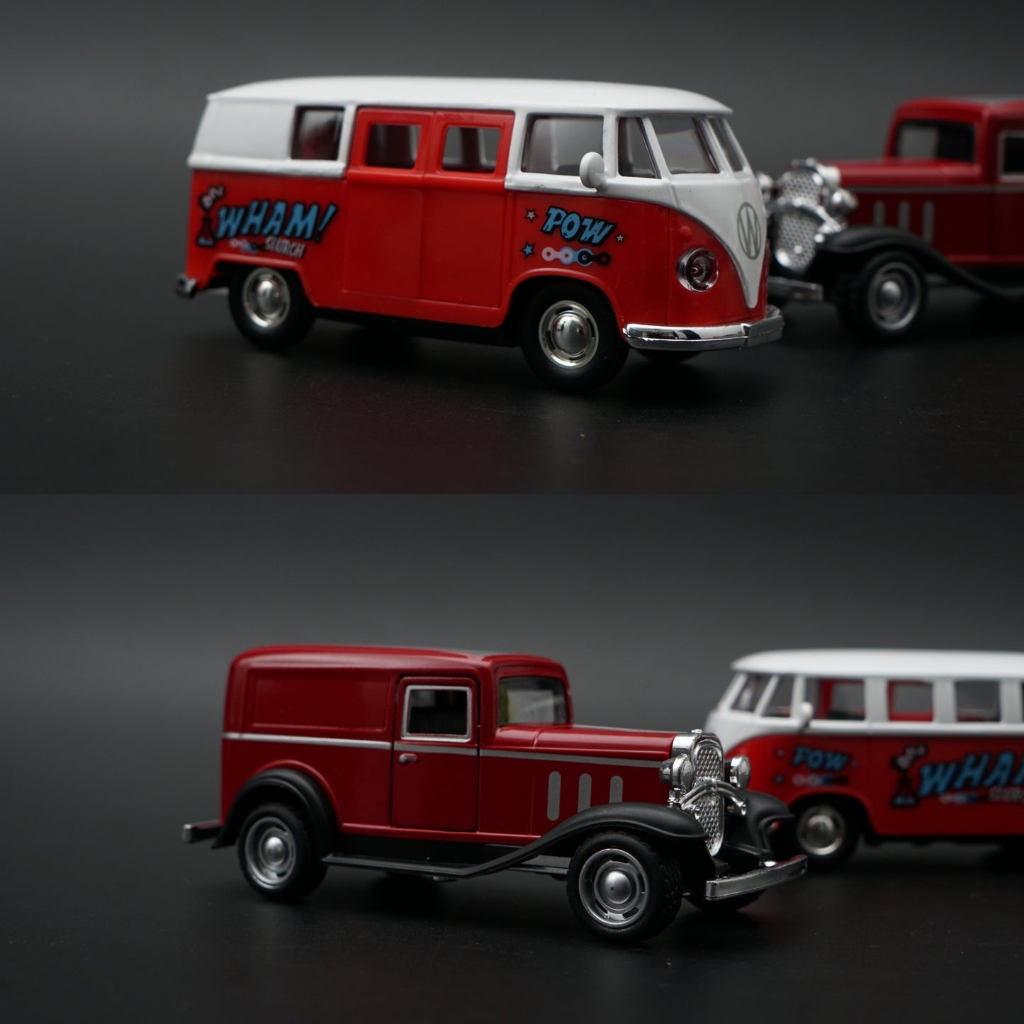 Diecast 2-Car Set | Ford Model A Panel Van 1:43 + VW T1 POW WHAM Bus 1:36 | All Red