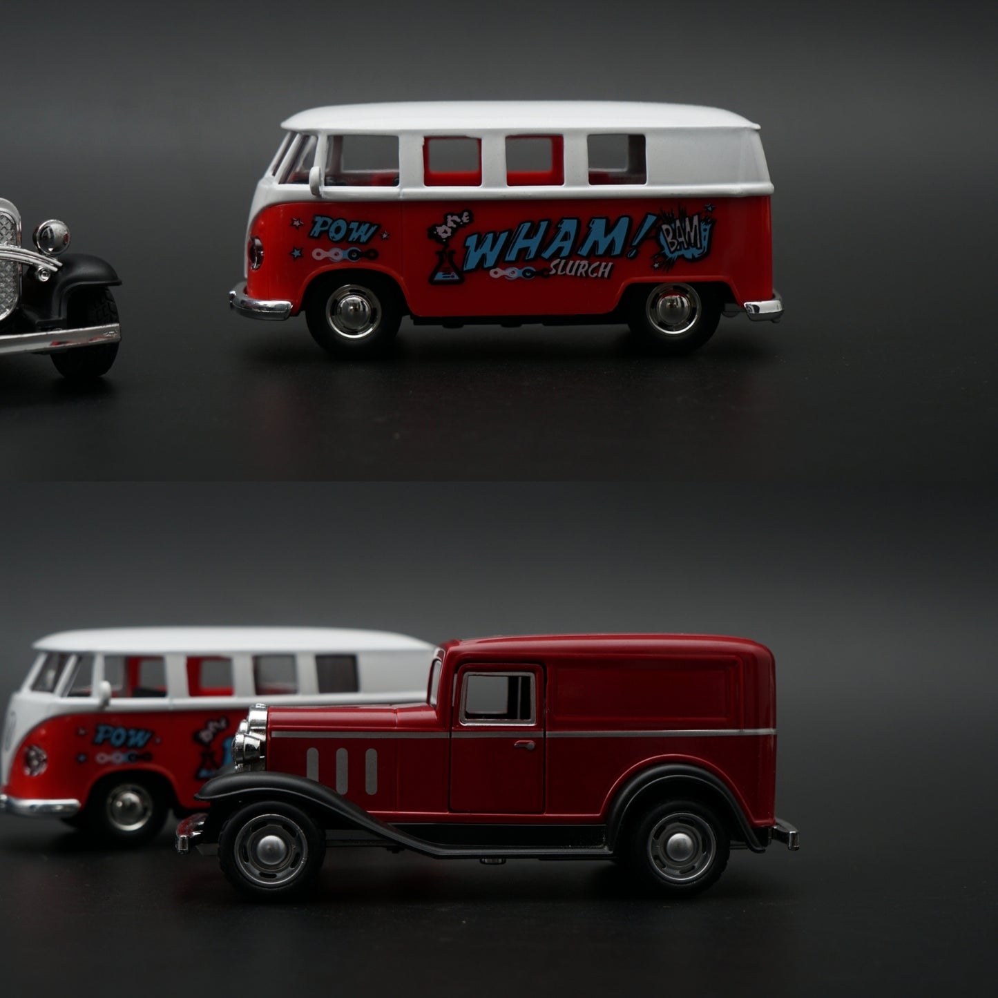 Diecast 2-Car Set | Ford Model A Panel Van 1:43 + VW T1 POW WHAM Bus 1:36 | All Red