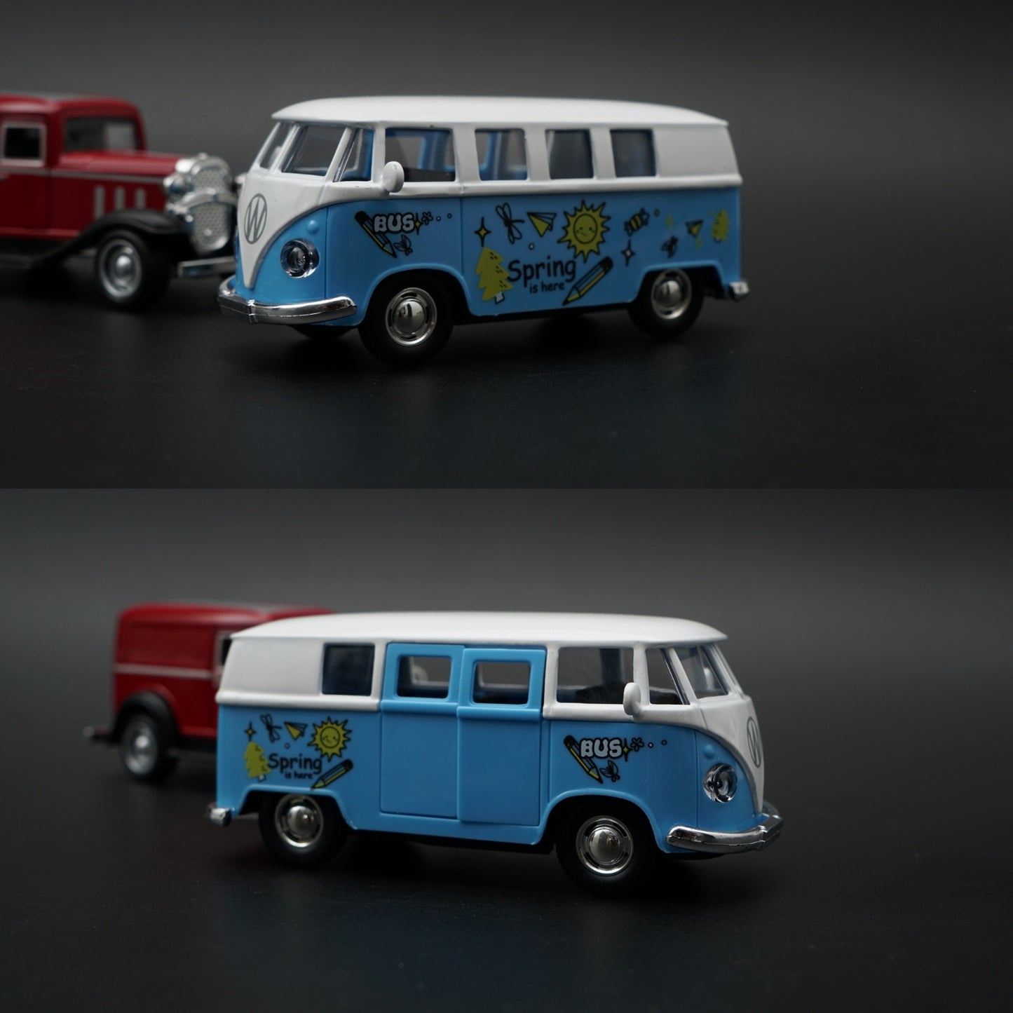 Diecast 2-Car Set | Ford Model A Red 1:43 + VW T1 Spring is Here Bus Blue 1:36